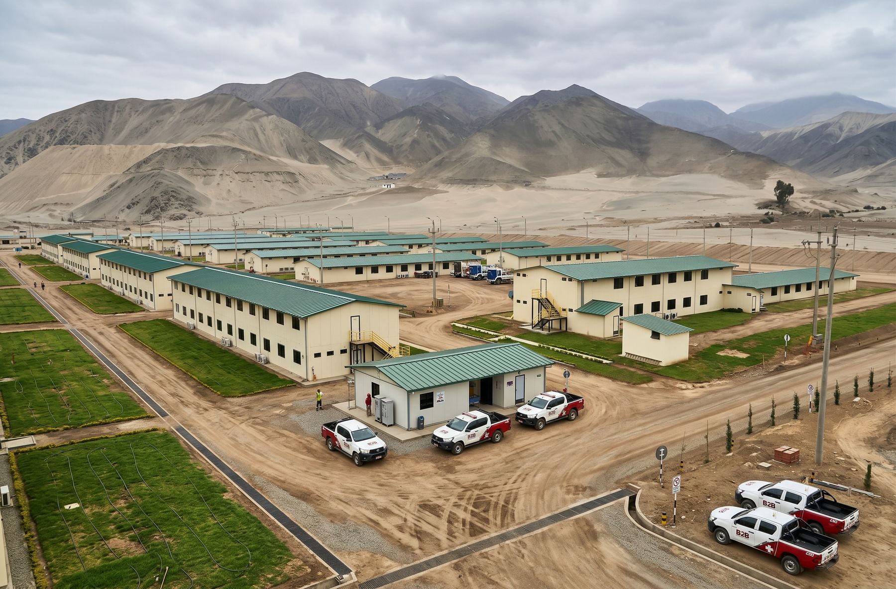Vista aérea de un campamento de módulos con techos verdes en una zona desértica, con camionetas estacionadas.
