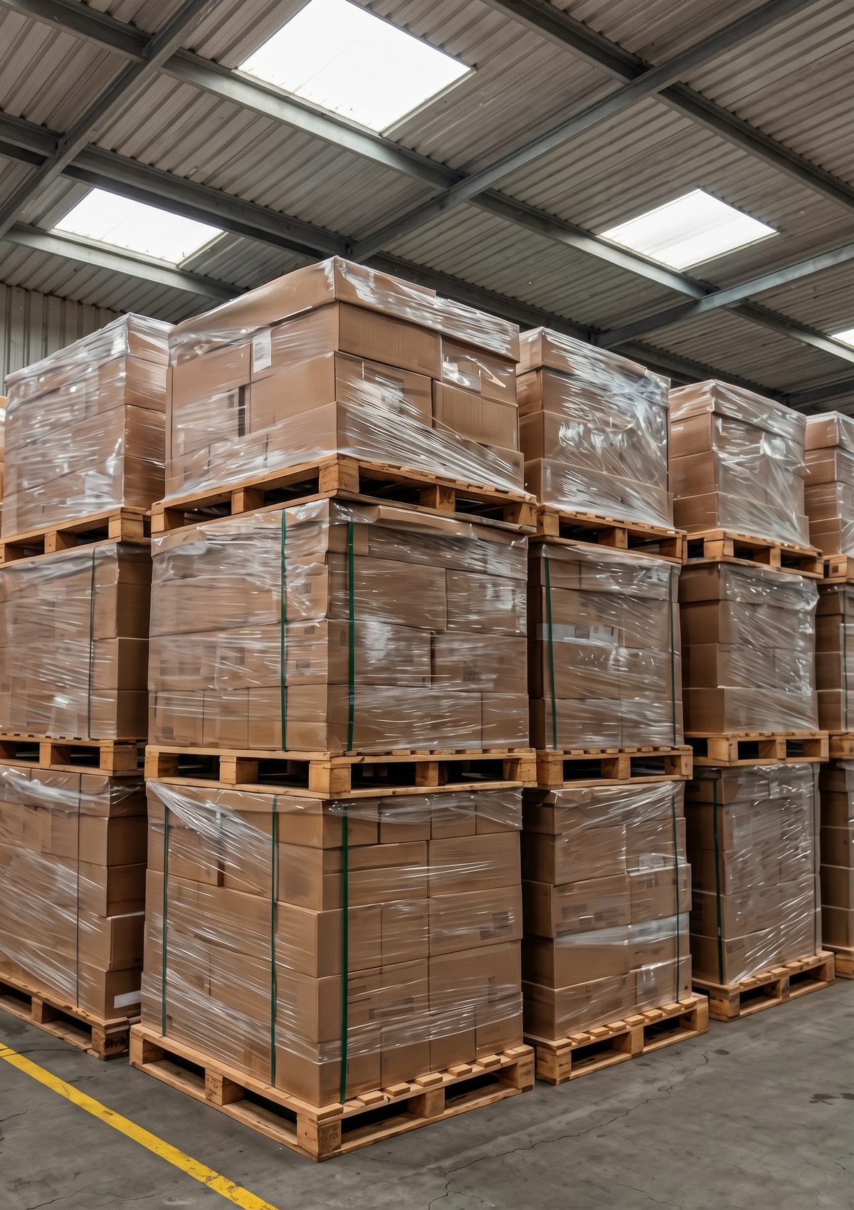 Parihuelas con cajas apiladas y envueltas en película plástica dentro de un almacén.
