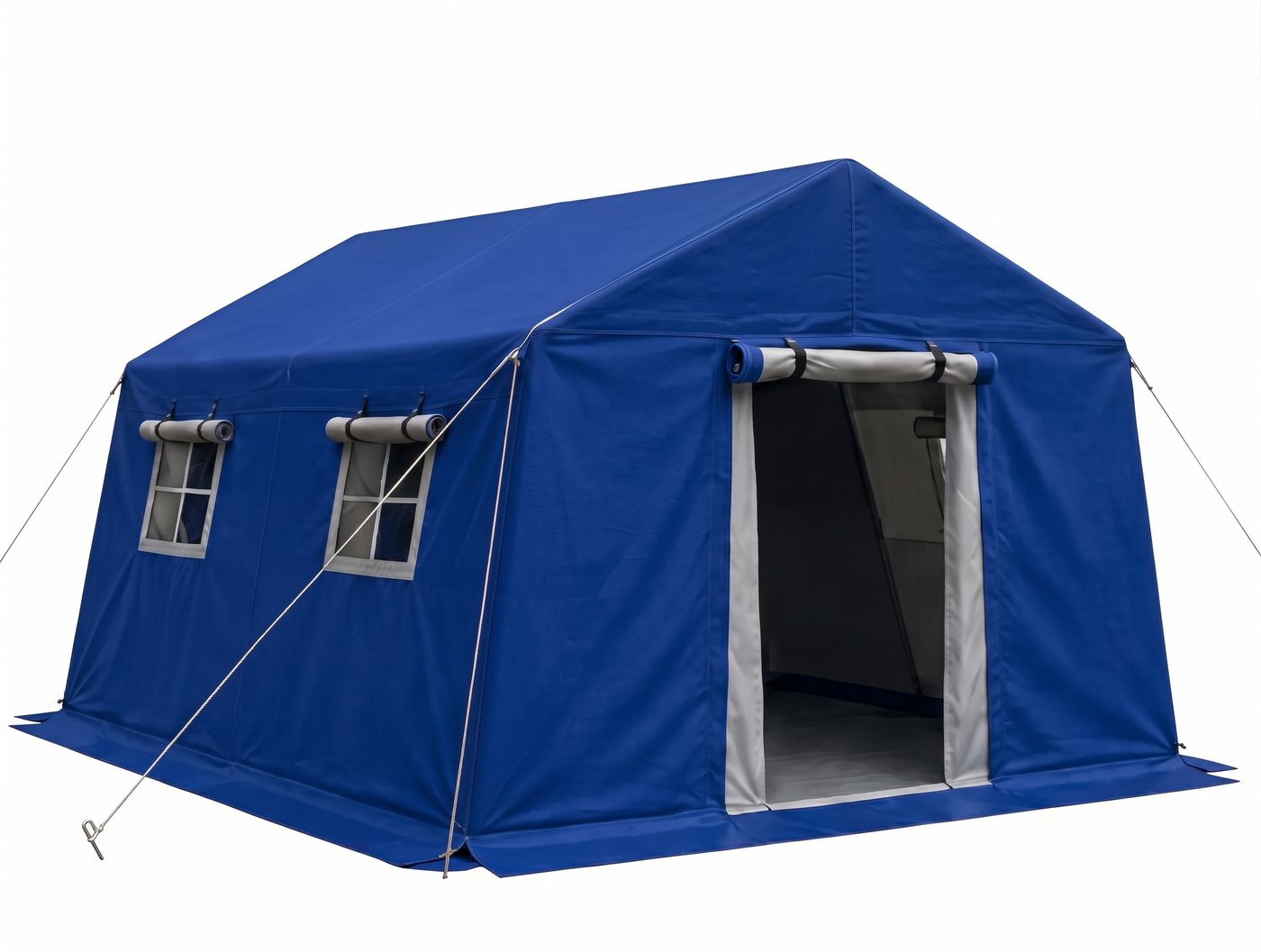 Carpa de refugio azul de lona, con dos ventanas laterales y la puerta frontal abierta.