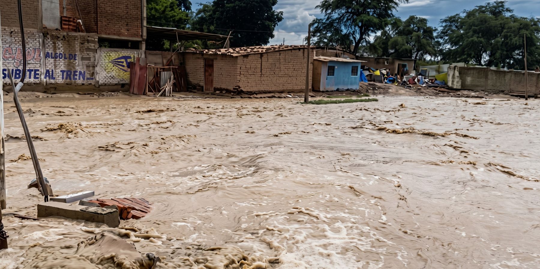 Calle inundada por un río desbordado, con viviendas de ladrillo y adobe al fondo.