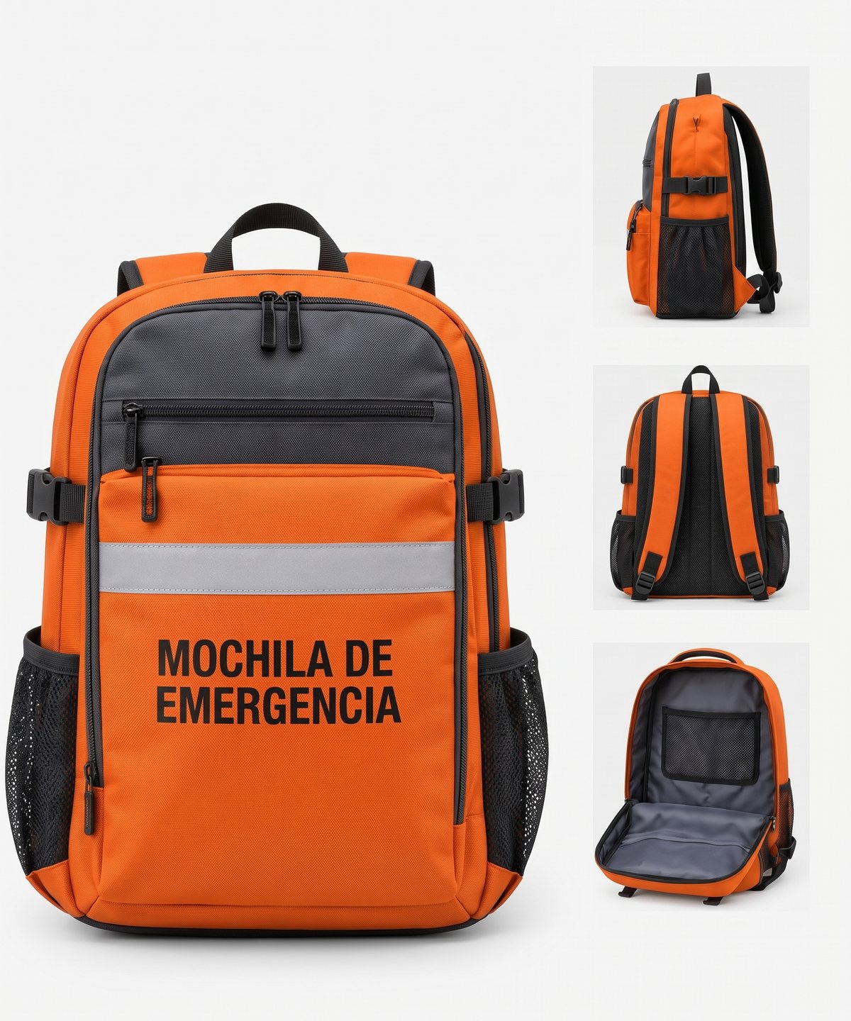 Mochila de emergencia naranja con franja reflectiva, vista de frente, de lado, de espalda y abierta.