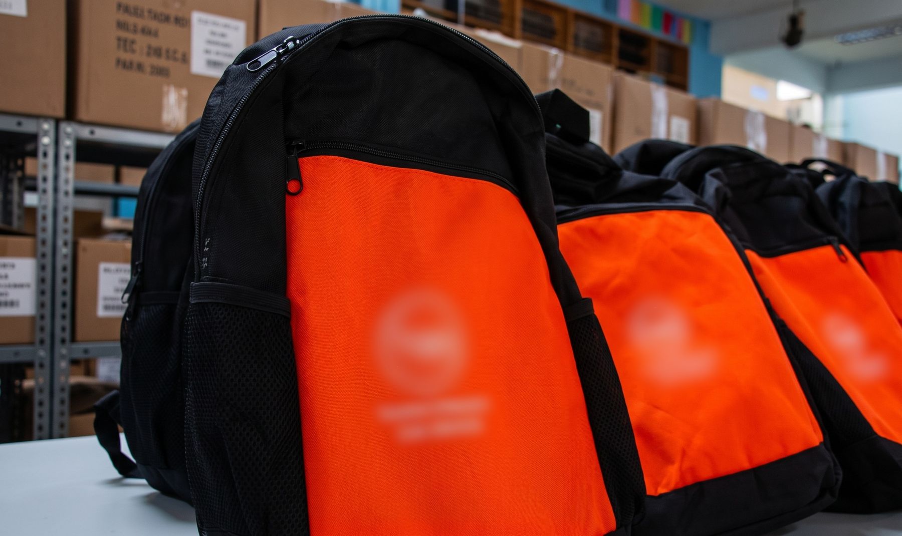 Mochilas negras y naranjas de un kit escolar alineadas sobre una mesa, con cajas apiladas al fondo.