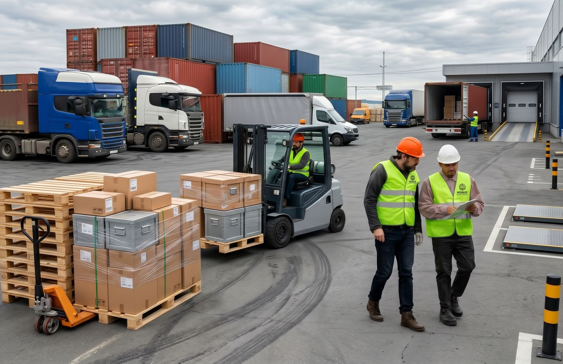 Patio logístico con camiones, contenedores y un montacargas que mueve cajas sobre parihuelas; dos trabajadores revisan un documento.
