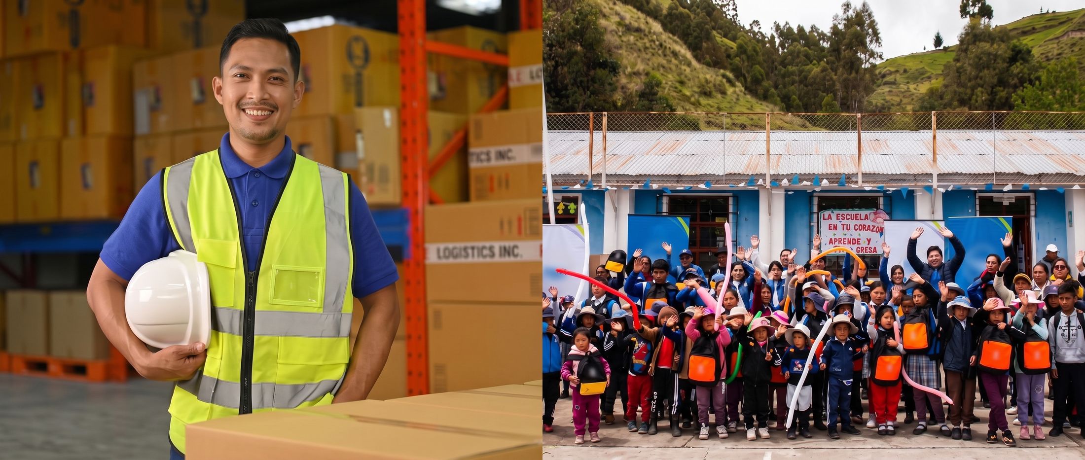 A la izquierda, un trabajador con chaleco reflectivo y casco en un almacén con cajas. A la derecha, niños y adultos saludan frente a un colegio durante una entrega de kits escolares.