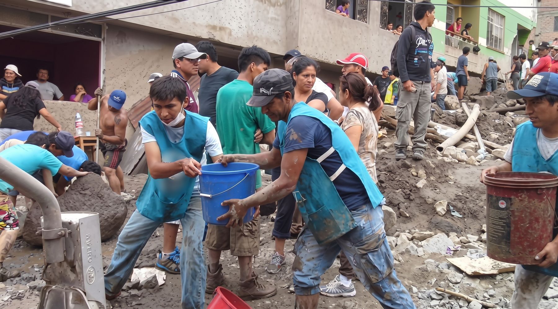 Vecinos y voluntarios retiran lodo con baldes en una calle afectada por un huaico.